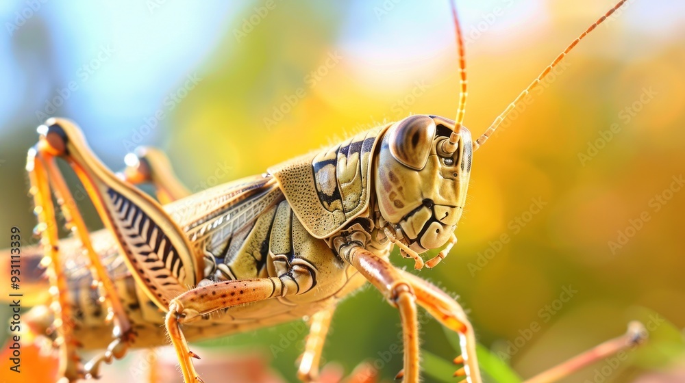 Fototapeta premium Close-up of a grasshopper with a blurred background.