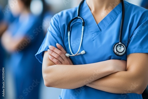 A close-up of a healthcare professional in scrubs with arms crossed and a stethoscope around their neck, with a blurred background of medical staff in a hospital or clinic setting. Generative ai