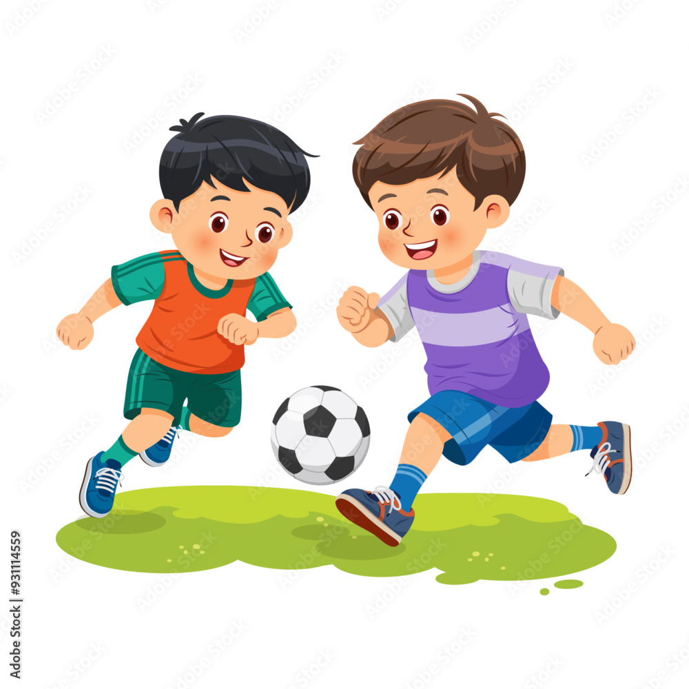 Little cute kids playing football or soccer on grassy surfaces and having fun Little cute kids playing football or soccer on grassy surfaces and having fun