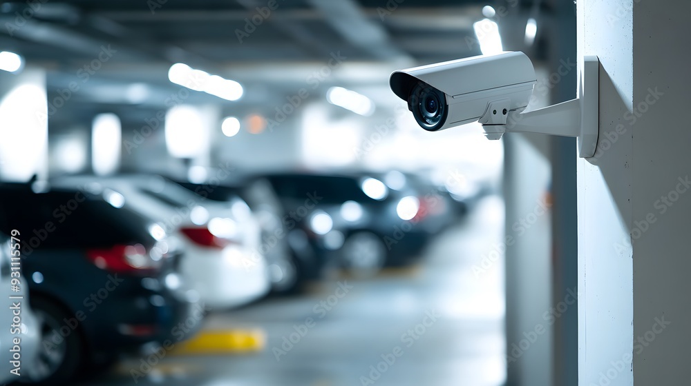 Outdoor white security camera mounted on a wall overseeing parked cars in a parking garage, captured from behind, emphasizing surveillance and protection in a secure parking environment Outdoor white security camera mounted on a wall overseeing parked cars in a parking garage, captured from behind, emphasizing surveillance and protection in a secure parking environment