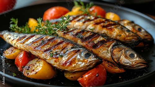 Grilled sardines served with a side of roasted veg 627 fish, food, meal, grilled, seafood, dinner, fried, plate, dish, lemon, lunch, healthy, white, cuisine, fresh, gourmet, isolated, delicious, prep