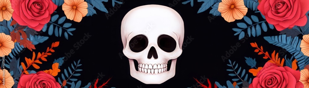 A vibrant skull design surrounded by colorful roses and leaves, perfect for Halloween or artistic decoration. A vibrant skull design surrounded by colorful roses and leaves, perfect for Halloween or artistic decoration.