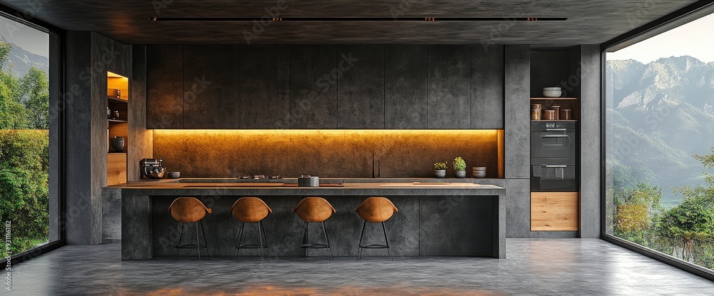 Elegant Kitchen With High Chairs At The Counter, Modern And Sophisticated, 3D Render