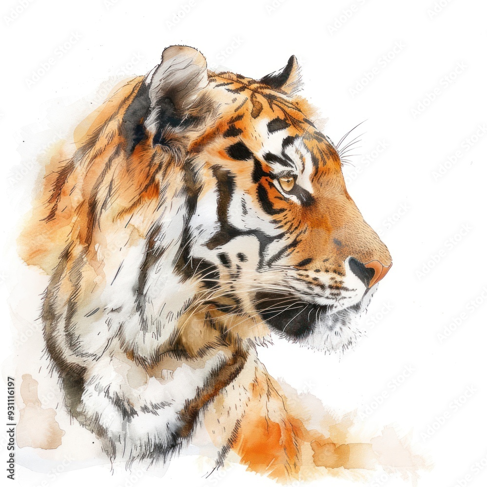 Obraz premium Watercolor illustration of a tiger's head in profile, with detailed fur and stripes.