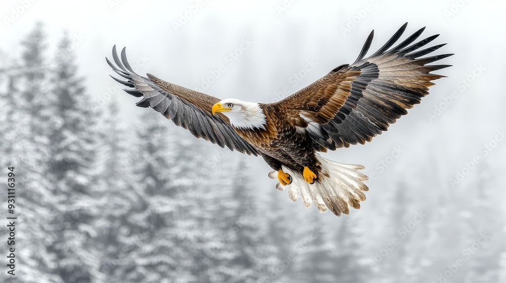 Obraz premium Illustrate a dramatic long shot of a soaring eagle 190 bird, eagle, flying, flight, wings, sky, nature, fly, wildlife, animal, bald, raptor, hawk, wing, bald eagle, wild, blue, beak, predator, white,