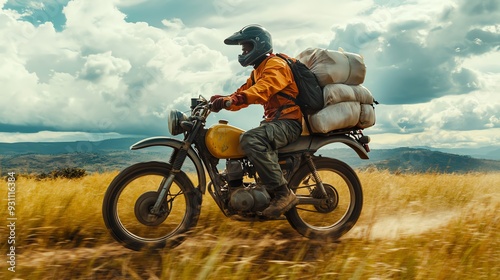 A rider on a motorcycle carrying vital medical supplies, racing through rural areas to reach remote communities Motorcycle Supply Ride, Medical supply delivery photo