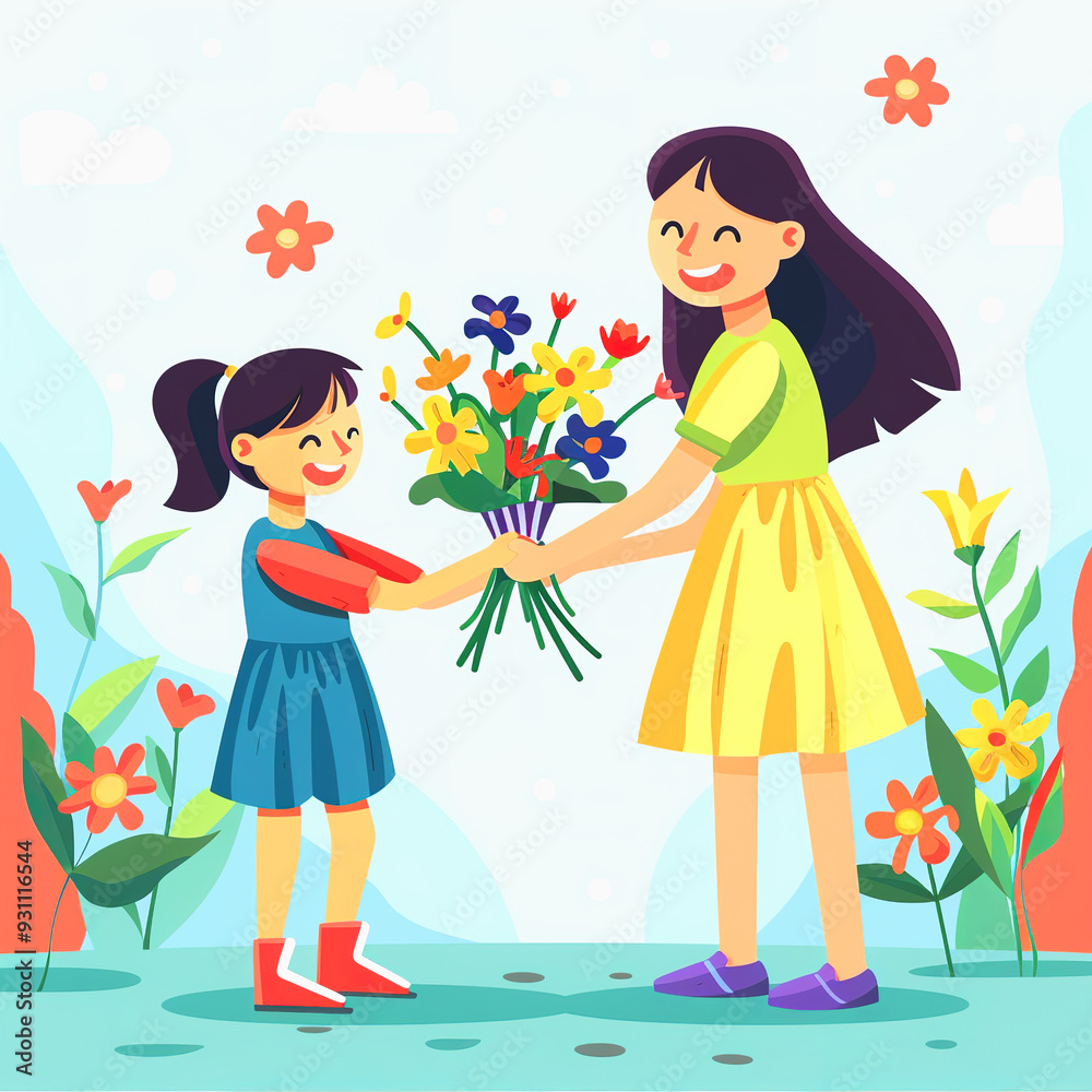 Girl giving her mother a bouquet of colorful flowers Girl giving her mother a bouquet of colorful flowers