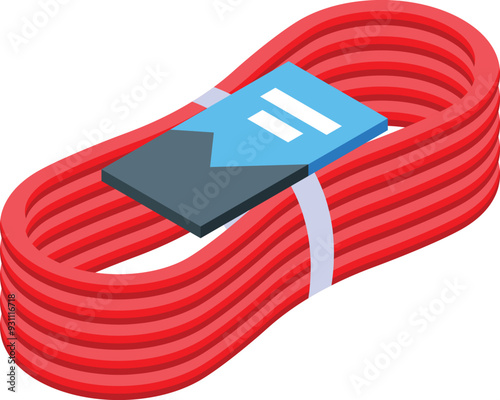 Red climbing rope lying in coil, equipment for mountaineering sport