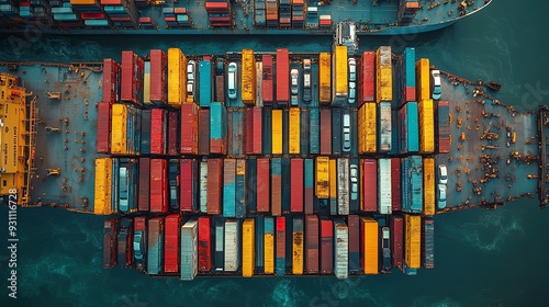 Aerial view of a massive cargo ship filled with cars, highlighting the scale and complexity of their shipping journey Car Shipping Journey, Aerial cargo