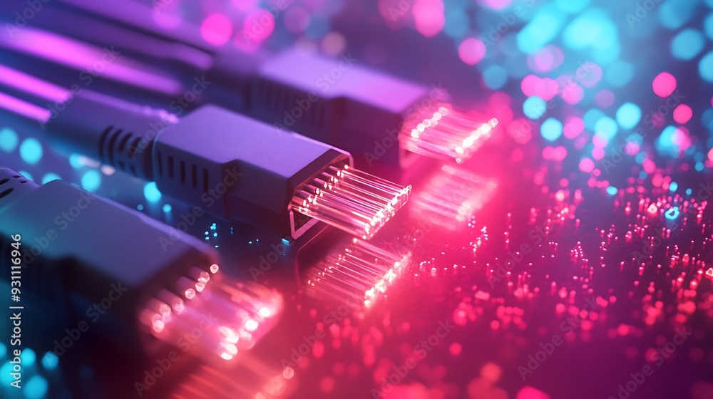 Fiber Optic Cables Glowing with Pink and Blue Light Fiber Optic Cables Glowing with Pink and Blue Light