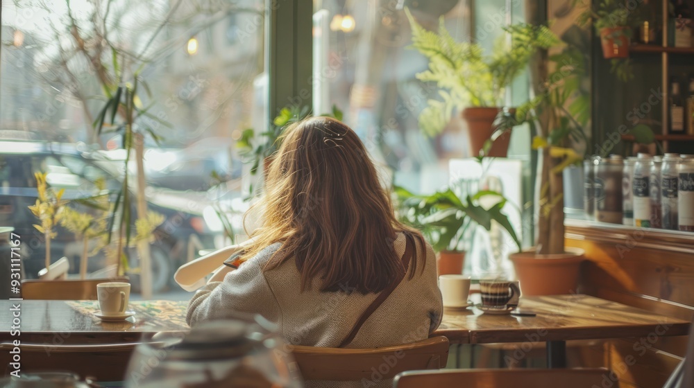 Woman Sitting in a Cafe Looking Out the Window Woman Sitting in a Cafe Looking Out the Window