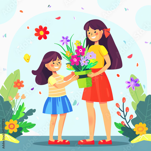 A young girl gives her mother a potted flower arrangement.