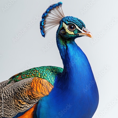 Produce a captivating long shot of a vibrant peaco  494 peacock, bird, animal, blue, nature, feather, head, feathers, peafowl, beautiful, beak, green, beauty, colorful, wildlife, portrait, plumage, co photo