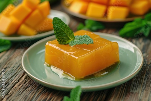 Mango molate with mint on the side, in a square shape and on a light green plate photo