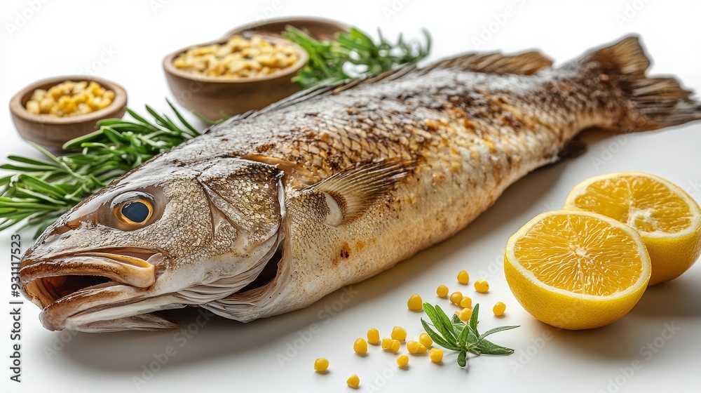 Side view of a bold barramundi cod isolated on a w 421 fish, food, lemon, meal, seafood, fried, dinner, grilled, trout, plate, fresh, healthy, baked, sea, dish, gourmet, white, diet, raw, lunch, gree Side view of a bold barramundi cod isolated on a w 421 fish, food, lemon, meal, seafood, fried, dinner, grilled, trout, plate, fresh, healthy, baked, sea, dish, gourmet, white, diet, raw, lunch, gree