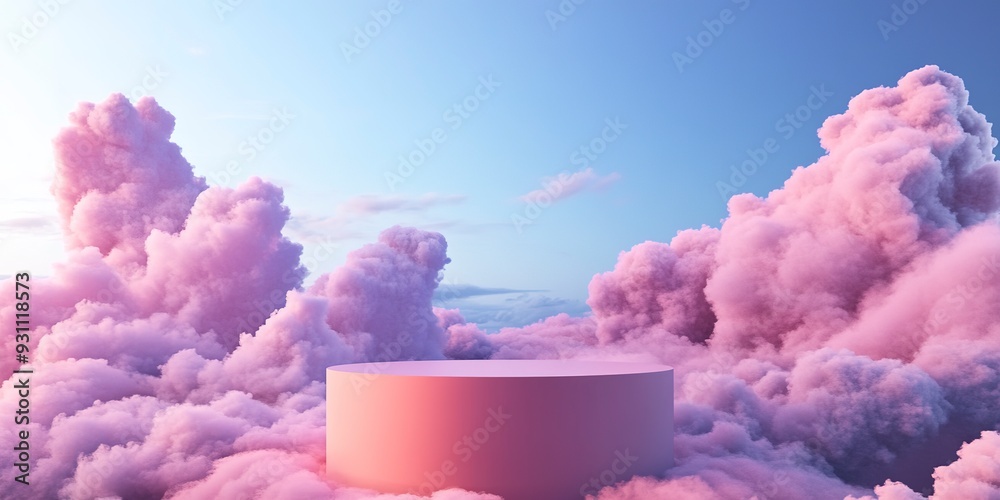 A pink cloud podium set against a blue sky with pink and purple clouds. 