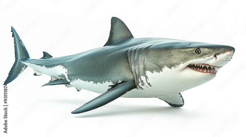 Obraz premium Side view of a sleek great white shark isolated on 071 shark, fish, underwater, sea, ocean, water, reef, animal, blue, grey, predator, marine, swimming, dolphin, white, fin, danger, sharks, diving, t