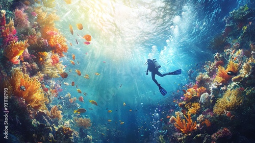 Wallpaper Mural Enchanting Underwater Adventure: A Serene Diver Explores a Vibrant Coral Reef, Perfect as a Poster for Aquatic Sports Interiors and Nature Lovers! Torontodigital.ca
