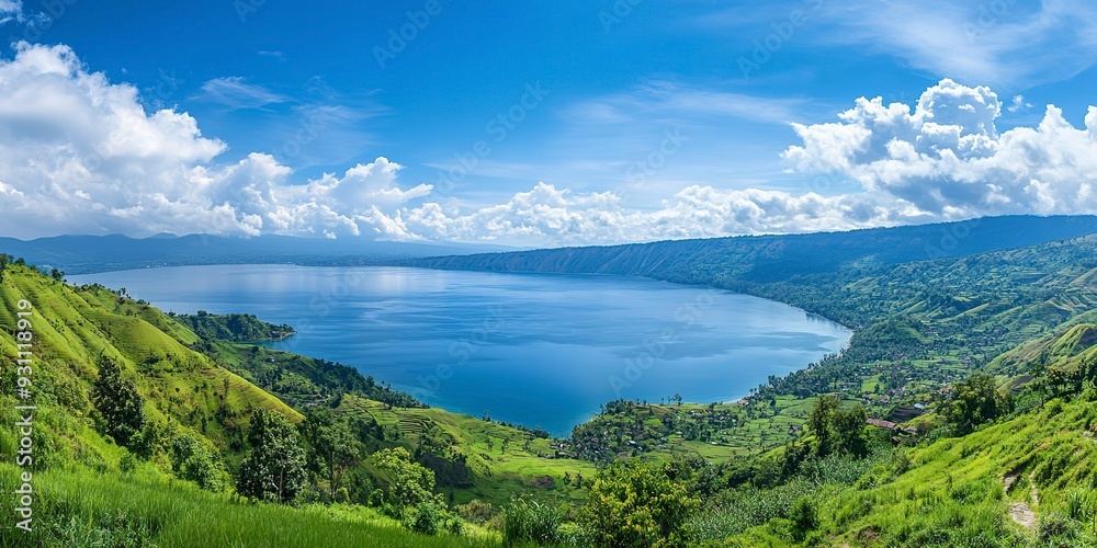 Fototapeta premium View of Lake Toba and beautiful green hills located in Samosir Regency Natural view of the lake from the top of the hill Beautiful nature
