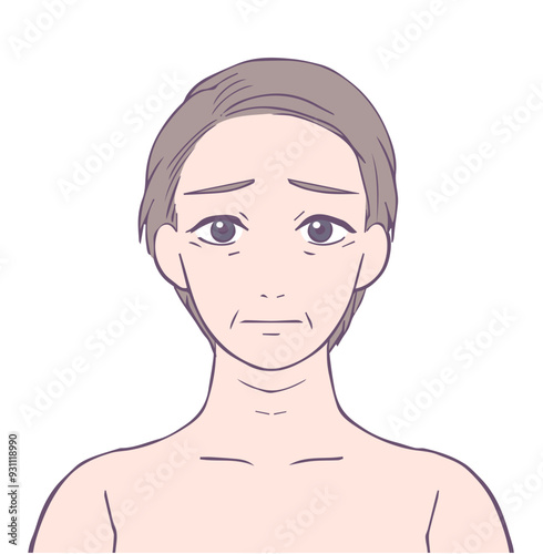 困った顔のミドル女性の上半身、ビューティーイラスト