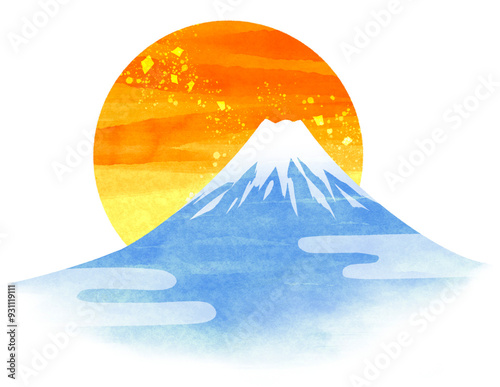 水彩風に描いた富士山と日の出の和風イラスト