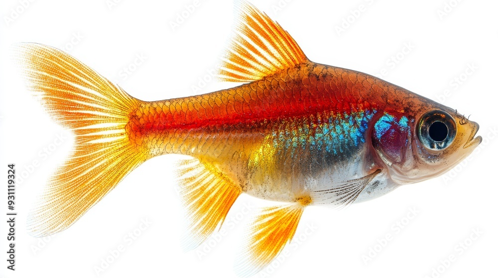 Side view of a vibrant neon tetra isolated on a wh  310 fish, goldfish, gold, isolated, aquarium, animal, water, white, pet, orange, underwater, nature, swim, fin, aquatic, bowl, pets, golden, carp, t