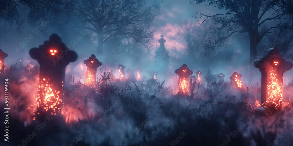 Fototapeta premium A cinematic Halloween background showing a spooky graveyard with fog creating an eerie atmosphere.