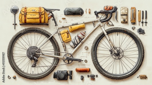 Conceptual design of a bike outfitted with gear for a longdistance expedition, ready to explore a complex trail network Bicycle Network Expedition, Longdistance gear photo