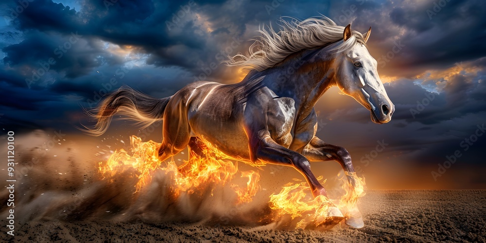 Fiery stallion charging forward with flames bursting from its hooves Fiery stallion charging forward with flames bursting from its hooves