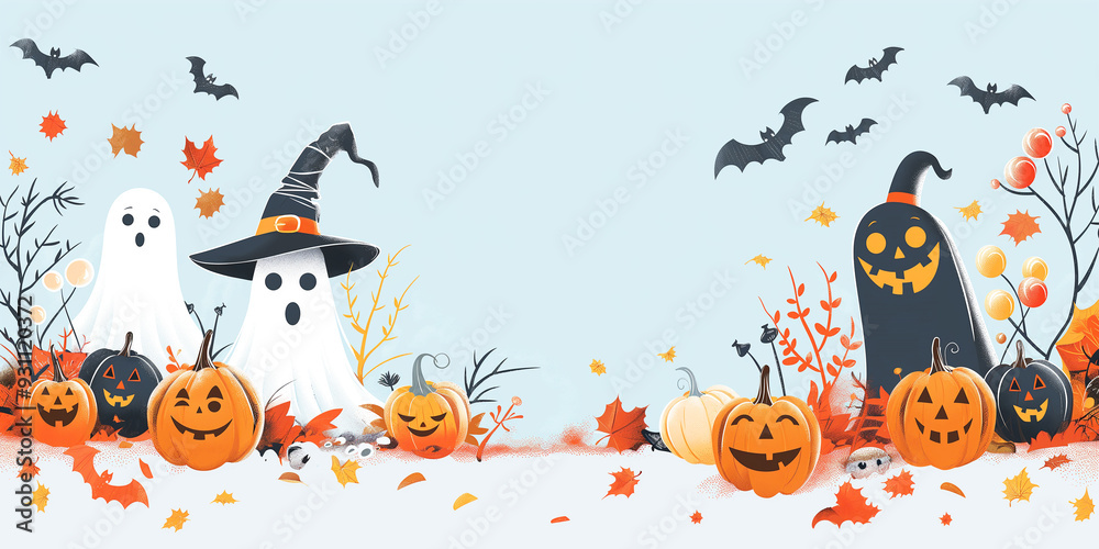 Halloween design with witches, ghosts, pumpkins, blue background, cute style
Halloween design with witches, ghosts, pumpkins, blue background, cute style