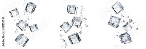 A Set of sequence of five ice cubes falling through the air, each cube clearly defined and isolated on a transparent background photo