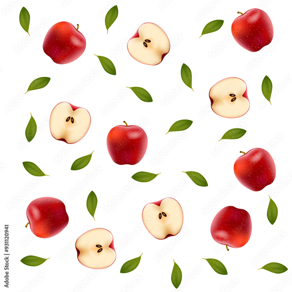 Seamless pattern with Red apples with green leaves isolated on white background. Vector illustration. Seamless pattern with Red apples with green leaves isolated on white background. Vector illustration.