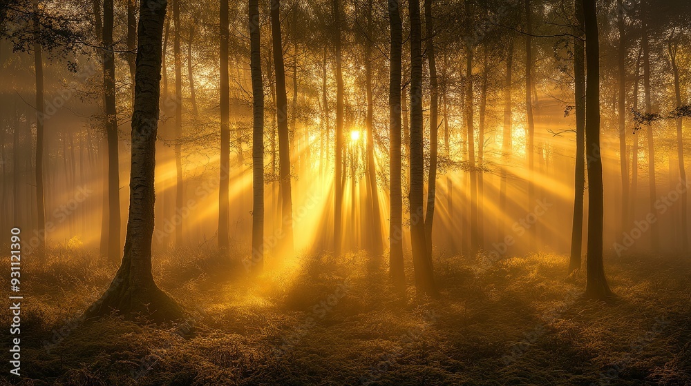 Fototapeta premium Golden Sunlight Through Forest Trees at Sunrise