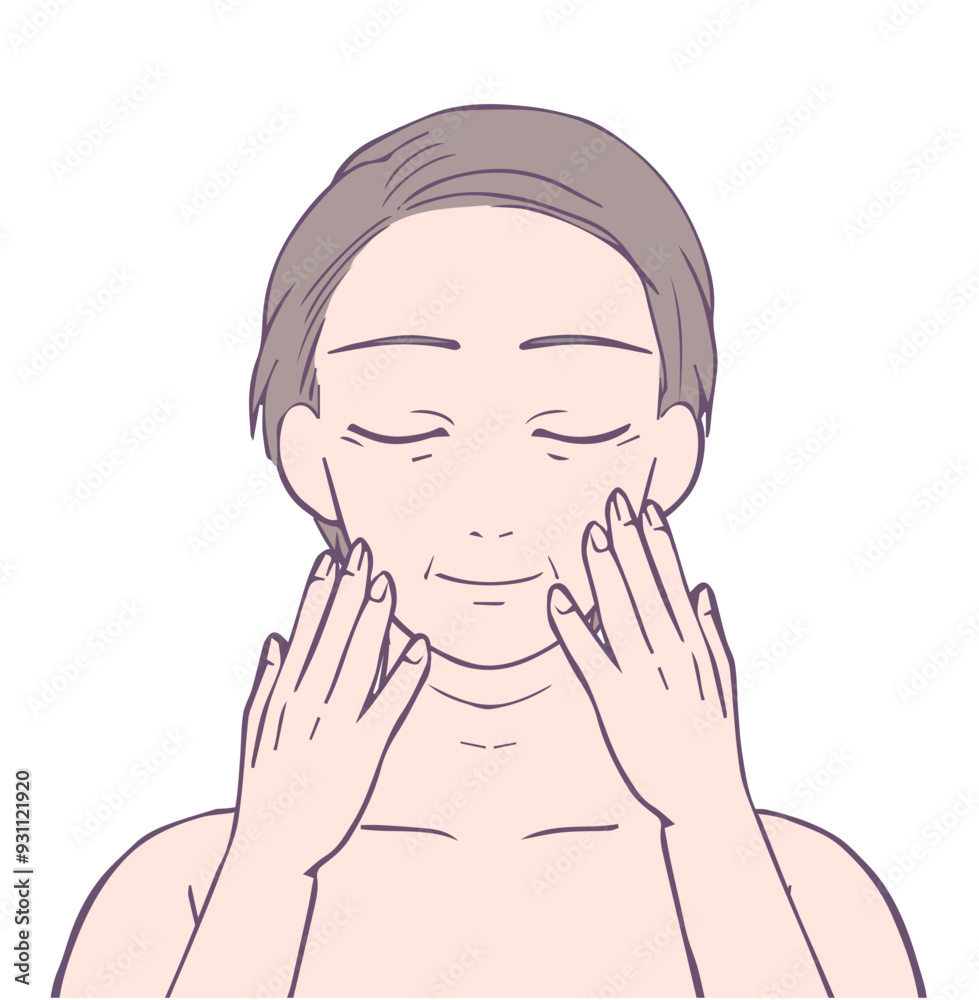 目を閉じて微笑むミドル女性の上半身、ビューティーイラスト 目を閉じて微笑むミドル女性の上半身、ビューティーイラスト