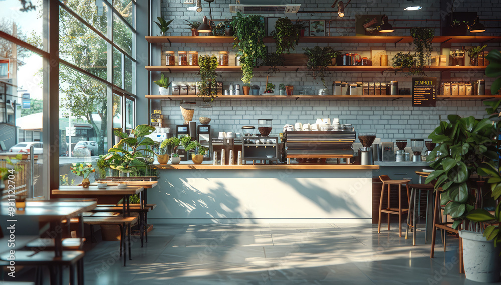 Fototapeta premium A chic urban cafe with artisanal coffee, minimalist decor, and bustling professionals. Generative AI.
