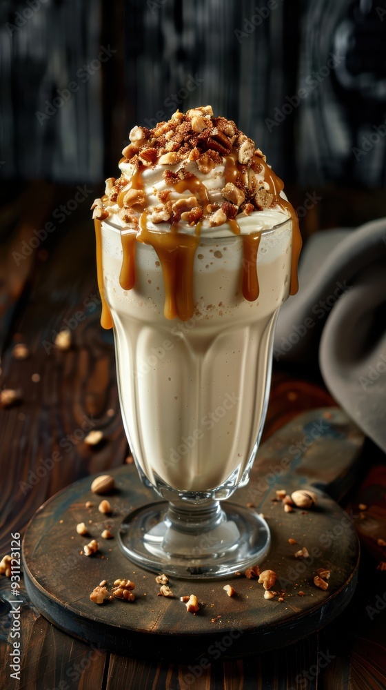 Caramel Milkshake on Dark Blurred Background Caramel Milkshake on Dark Blurred Background