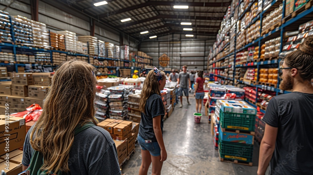 People walking in a large warehouse with shelves full of boxes People walking in a large warehouse with shelves full of boxes
