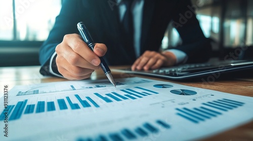 Businessman, finance analyst analyzing financial report, economic growth graph chart. Business strategy. planning and solution, finance and investment background. Generative ai