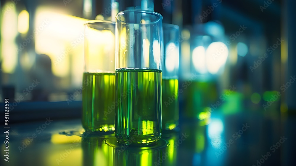 1. A close-up of a laboratory glassware filled with a mysterious, greenish toxic liquid 1. A close-up of a laboratory glassware filled with a mysterious, greenish toxic liquid