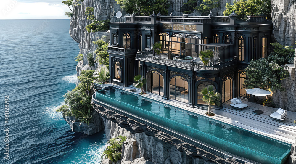 Beautiful black villa built into the edge of a rocky cliff by ocean with an infinity pool overhanging far above the ocean below and outdoor living space overlooking water. Generative AI. Beautiful black villa built into the edge of a rocky cliff by ocean with an infinity pool overhanging far above the ocean below and outdoor living space overlooking water. Generative AI.