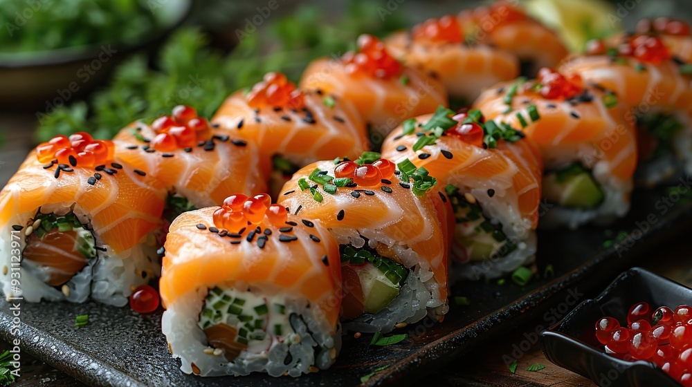 Delicious Salmon Sushi Rolls with Red Caviar Delicious Salmon Sushi Rolls with Red Caviar
