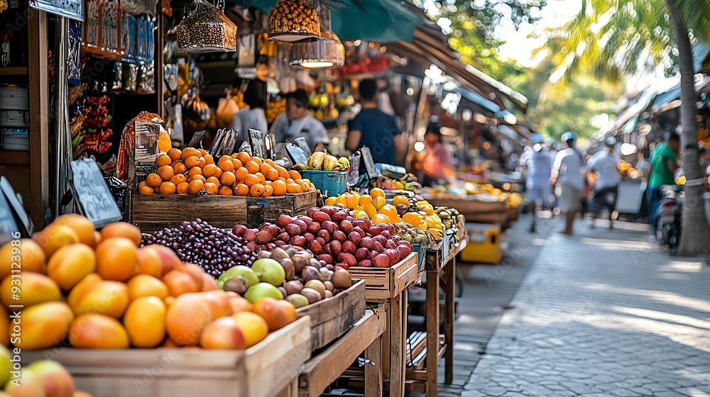 A busy street market with rows of food stalls selling exotic fruits, snacks, and drinks, Street food market, vibrant cultural scene A busy street market with rows of food stalls selling exotic fruits, snacks, and drinks, Street food market, vibrant cultural scene