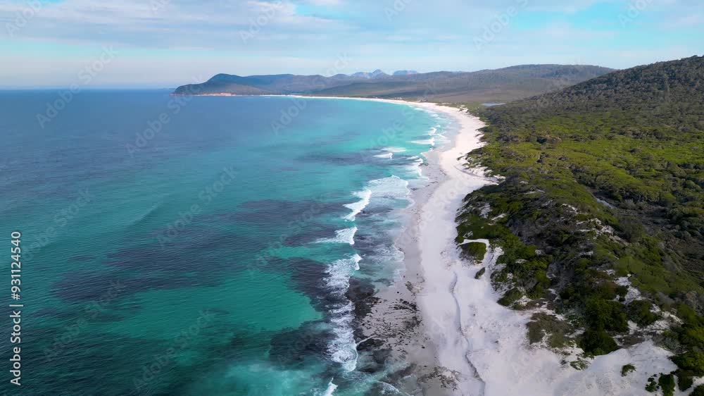Aerial views over white sandy beach in Tasmania, Australia Aerial views over white sandy beach in Tasmania, Australia