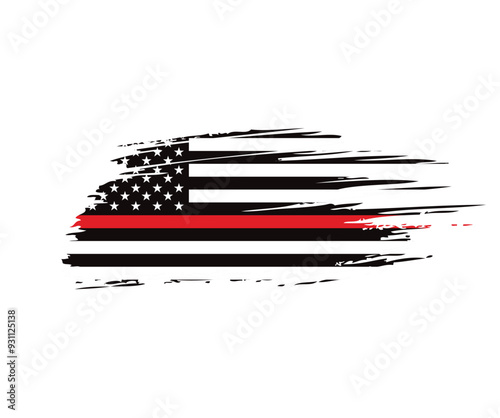 Thin red line american flag, grunge vector graphic design