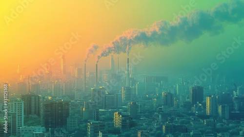 A polluted cityscape with smog obscuring buildings photo