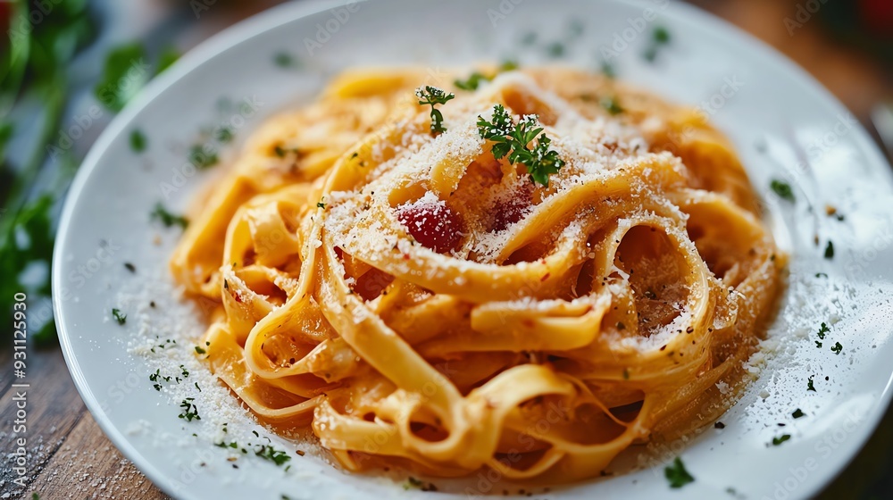 A detailed shot of a pasta dish with the sauce elegantly swirled and garnished with freshly grated cheese, Pasta styling, elegant swirl A detailed shot of a pasta dish with the sauce elegantly swirled and garnished with freshly grated cheese, Pasta styling, elegant swirl