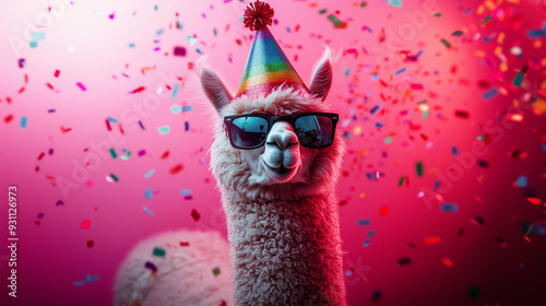 A birthday party llama with a hat and confetti
