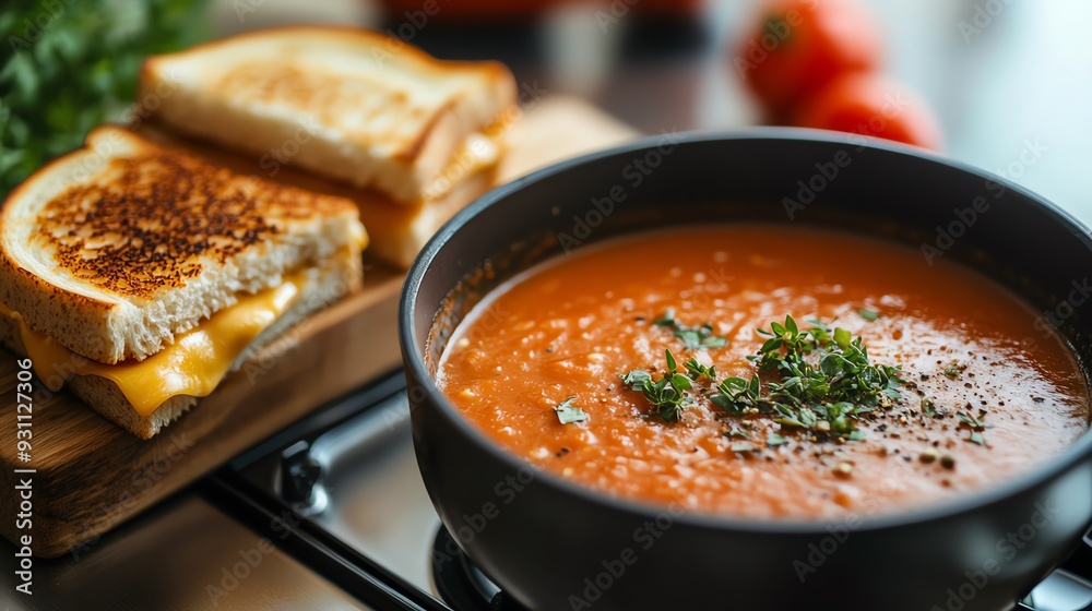 A kitchen scene with a pot of homemade tomato soup on the stove, served with a grilled cheese sandwich, Homecooked tomato soup, simple and cozy A kitchen scene with a pot of homemade tomato soup on the stove, served with a grilled cheese sandwich, Homecooked tomato soup, simple and cozy