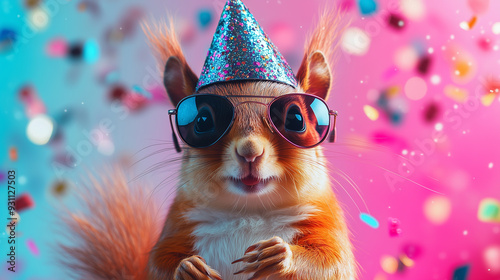 A birthday party squirrel with a hat and confetti