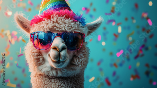 A birthday party llama with a hat and confetti
